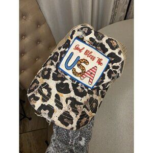 Leopard Print God Bless The USA Distressed Trucker Hat With Mesh Back